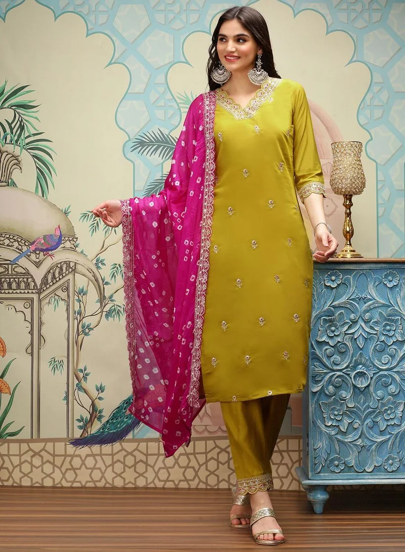 ISHIN  Women's Yellow Viscose Blend Embellished Tunic Full Length Casual Straight Fit Kurta Set for Women | Best Price UAE